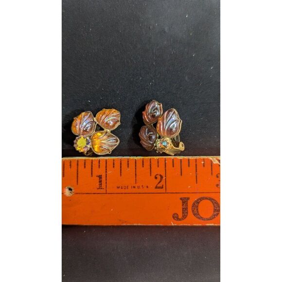 Vintage West Germany Amber Glass Clip-On Earrings Floral Design 1.25" Rhinestone - Picture 4 of 10